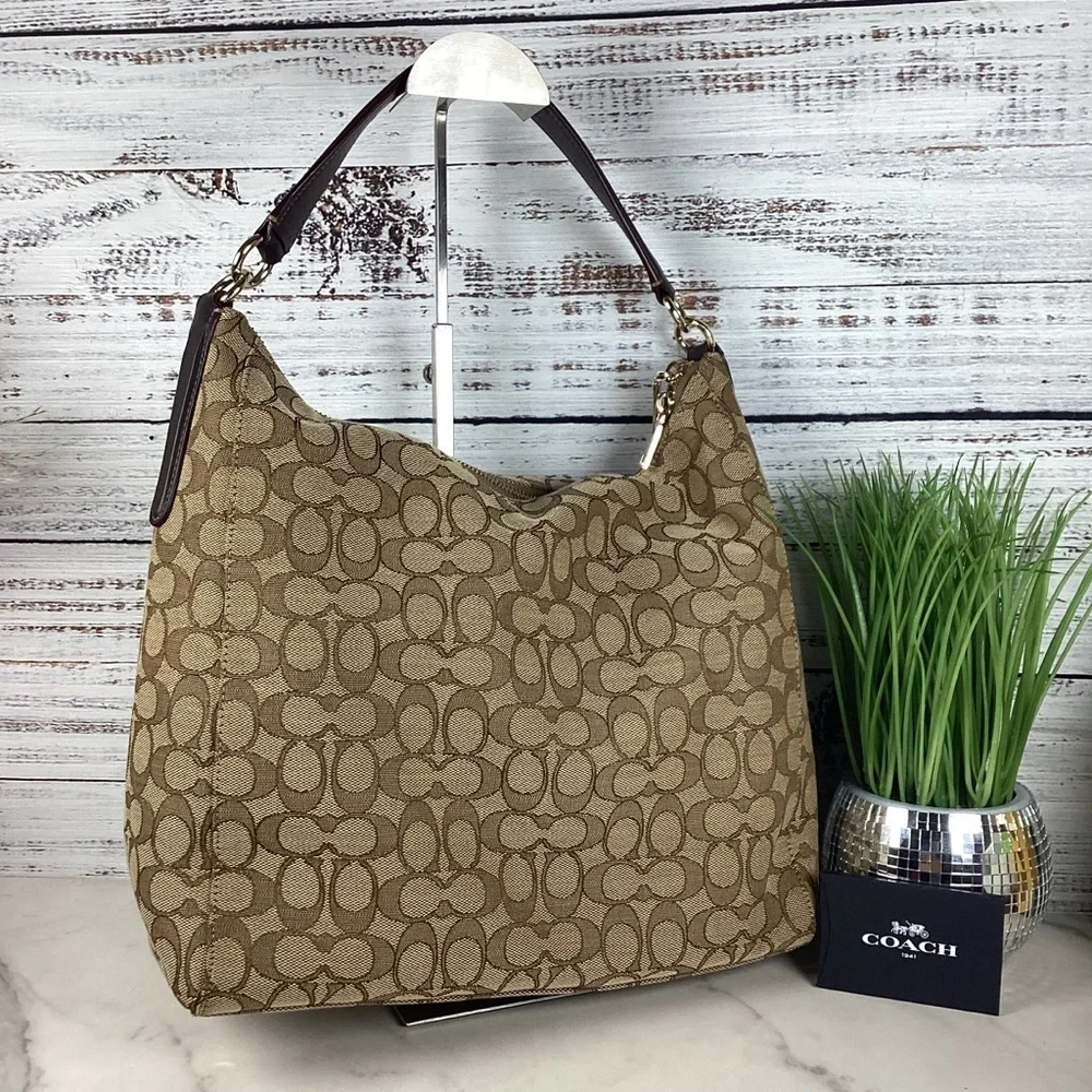 COACH HOBO BAG OUTLINE SIGNATURE CELESTE KHAKI TAN BROWN PURSE GUC - Picture 6 of 12